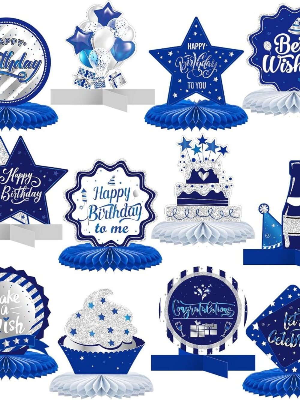 12 Pcs Blue Sliver Birthday Honeycomb Table Centerpieces Party Decor